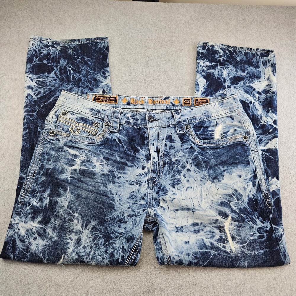 ROCK REVIVAL Dorsett Alt Straight Men 42 Blue Acid Wash Distressed Y2K Jeans